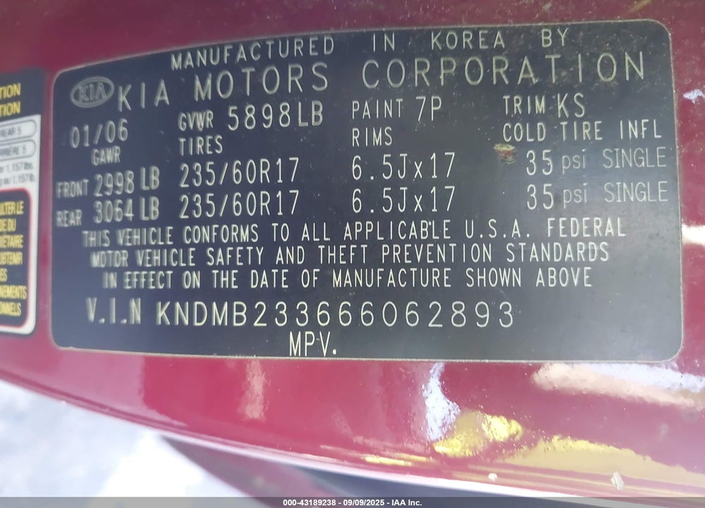 2006 KIA SEDONA EX/LX VIN: KNDMB233666062893