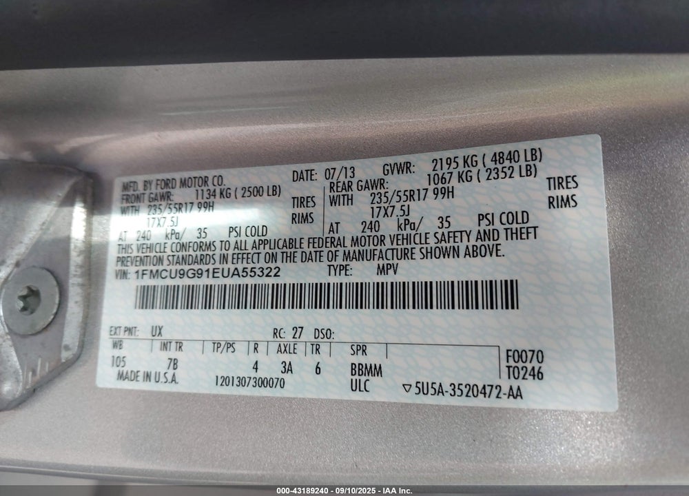 2014 FORD ESCAPE VIN: 1FMCU9G91EUA55322