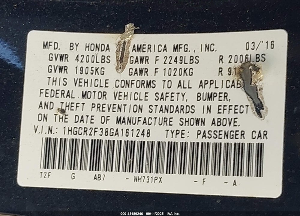 2016 HONDA ACCORD VIN: 1HGCR2F38GA161248