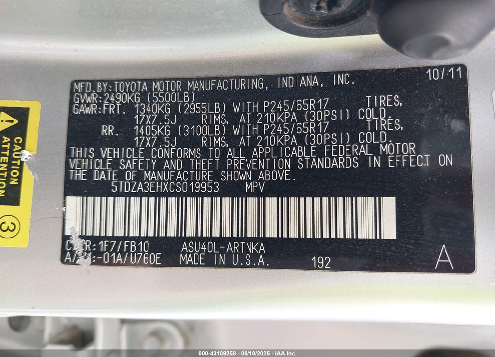 2012 TOYOTA HIGHLANDER VIN: 5TDZA3EHXCS019953