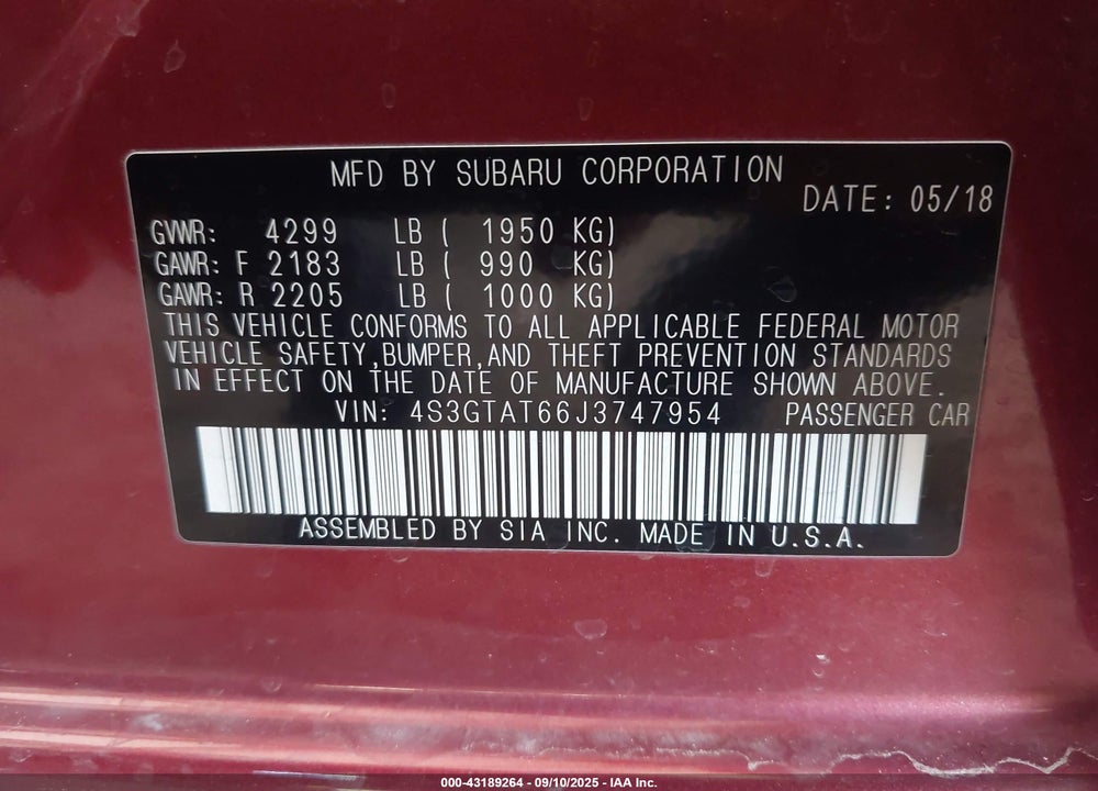 2018 SUBARU IMPREZA VIN: 4S3GTAT66J3747954