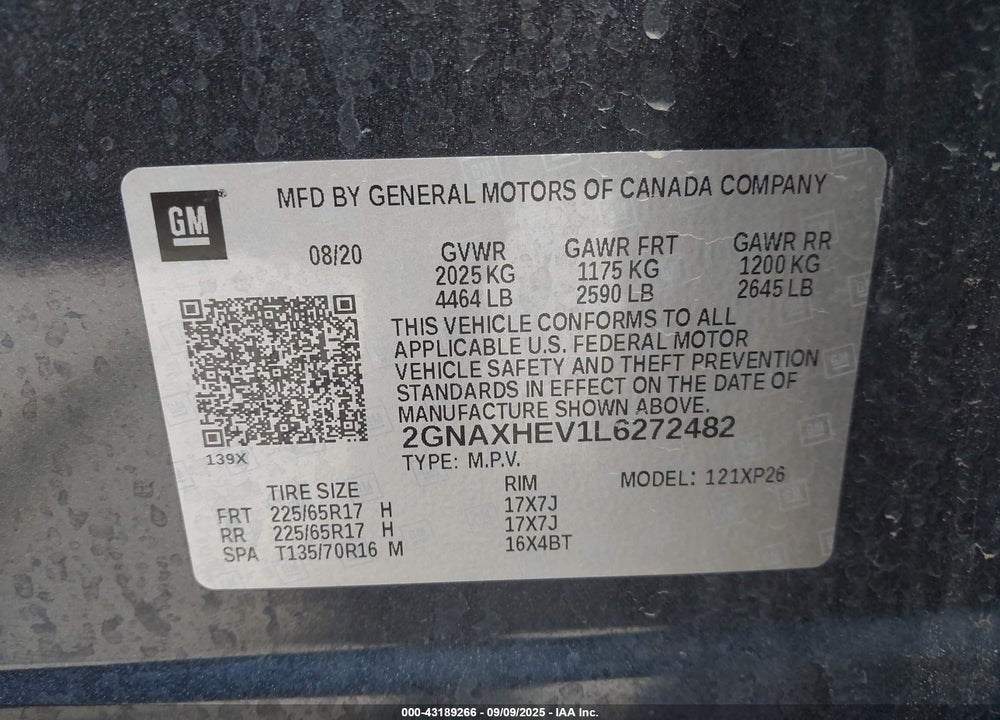 2020 CHEVROLET EQUINOX VIN: 2GNAXHEV1L6272482
