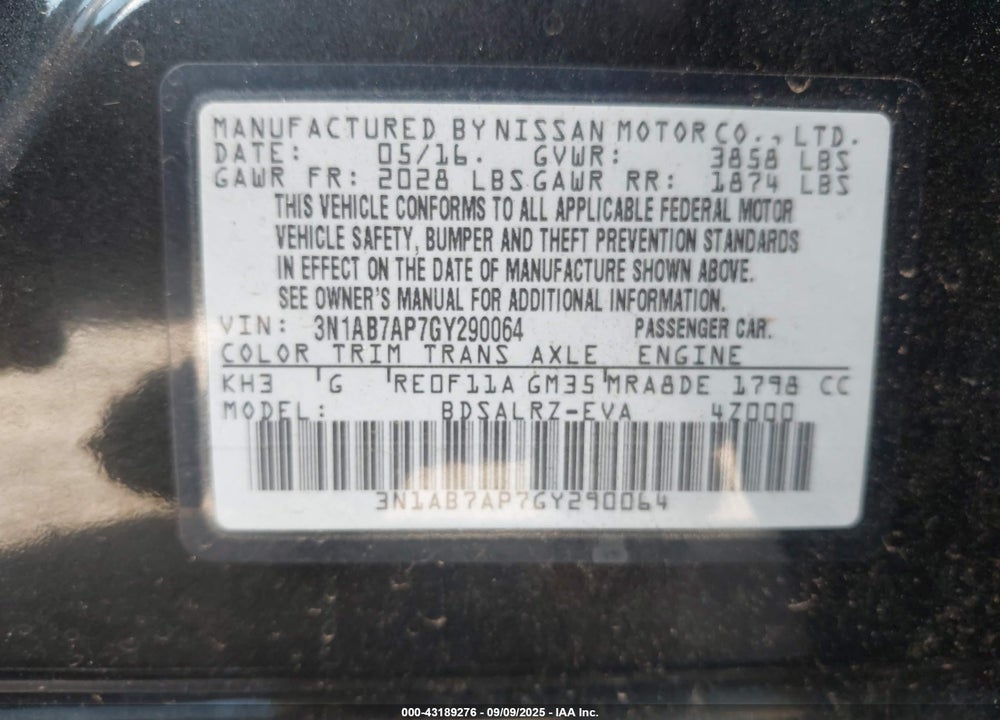 2016 NISSAN SENTRA VIN: 3N1AB7AP7GY290064