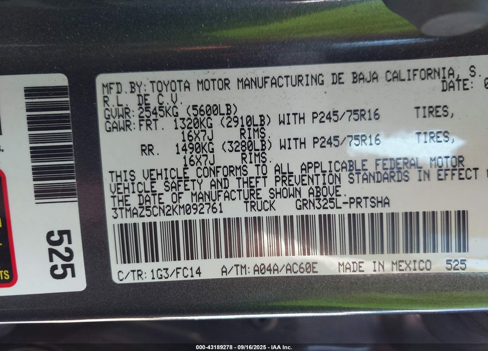 2019 TOYOTA TACOMA VIN: 3TMAZ5CN2KM092761