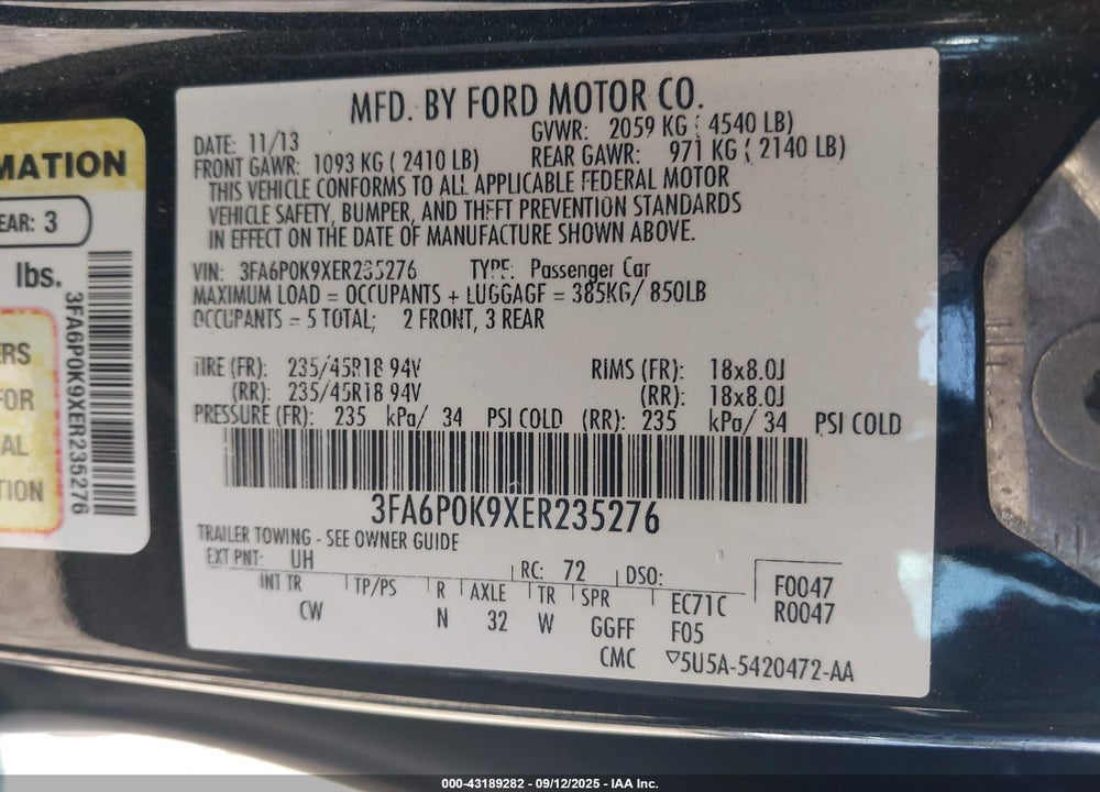2014 FORD FUSION VIN: 3FA6P0K9XER235276