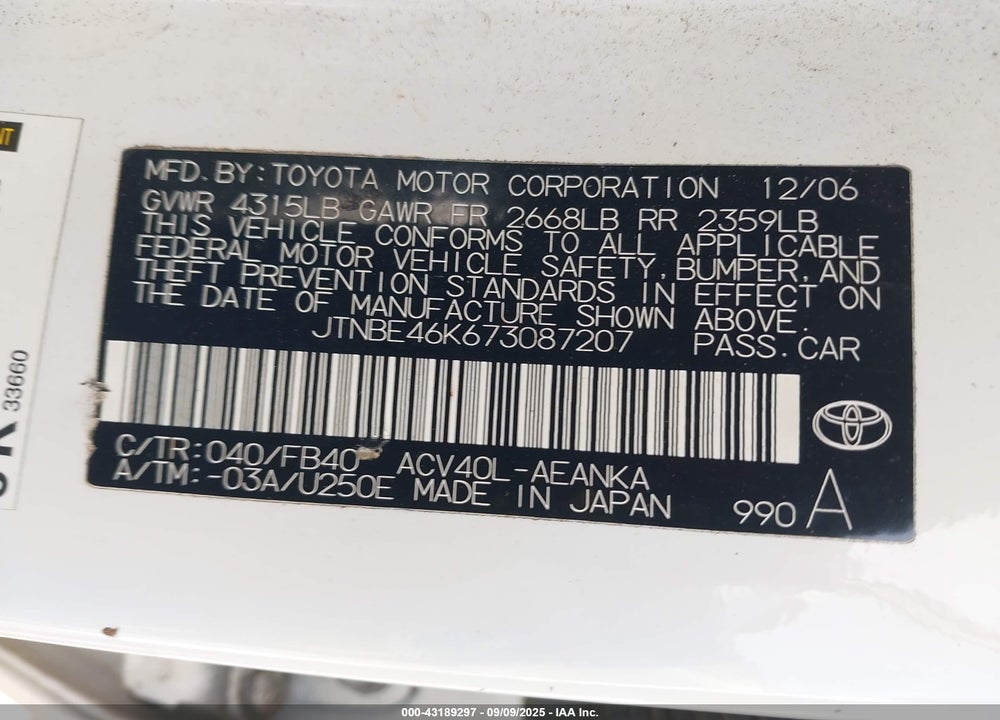 2007 TOYOTA CAMRY CE VIN: JTNBE46K673087207