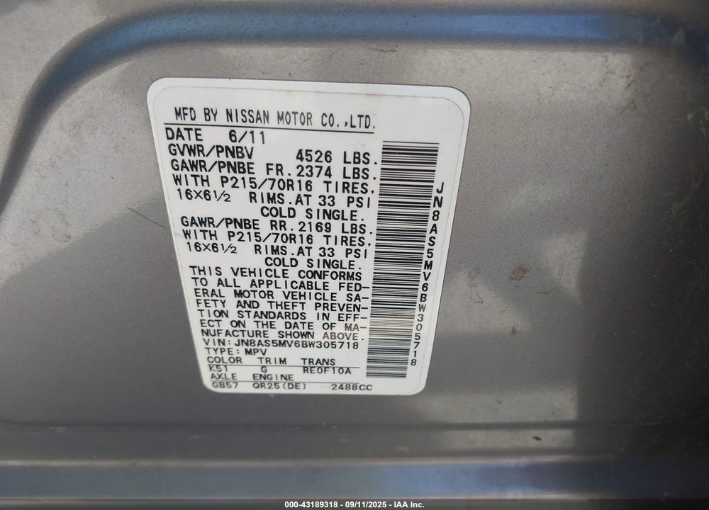 2011 NISSAN ROGUE VIN: JN8AS5MV6BW305718