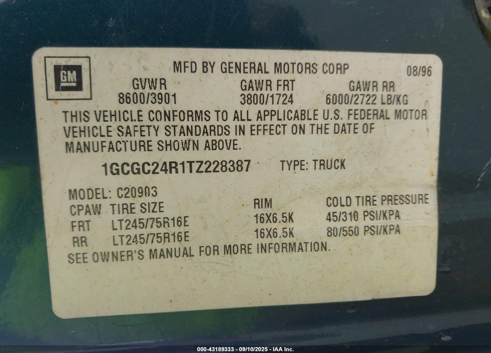 1996 CHEVROLET GMT-400 C2500 VIN: 1GCGC24R1TZ228387