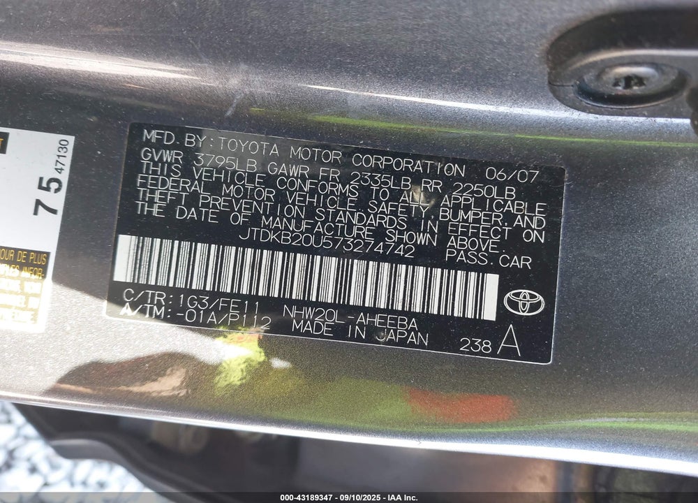 2007 TOYOTA PRIUS VIN: JTDKB20U573274742