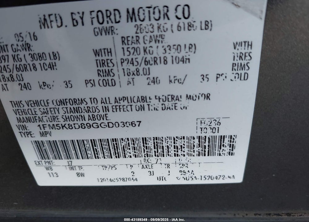 2016 FORD EXPLORER VIN: 1FM5K8D89GGD03967