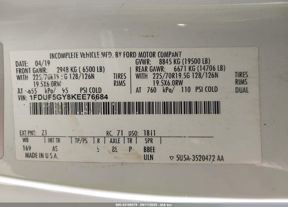 2019 FORD F-550 CHASSIS XL VIN: 1FDUF5GY8KEE76684