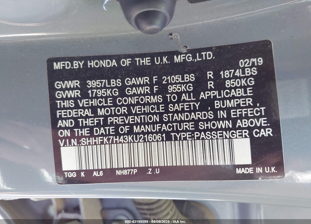 2019 HONDA CIVIC VIN: SHHFK7H43KU216061