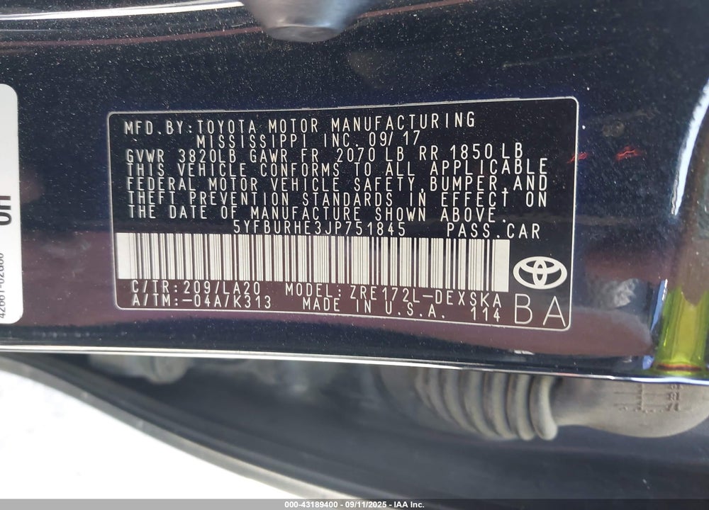 2018 TOYOTA COROLLA VIN: 5YFBURHE3JP751845