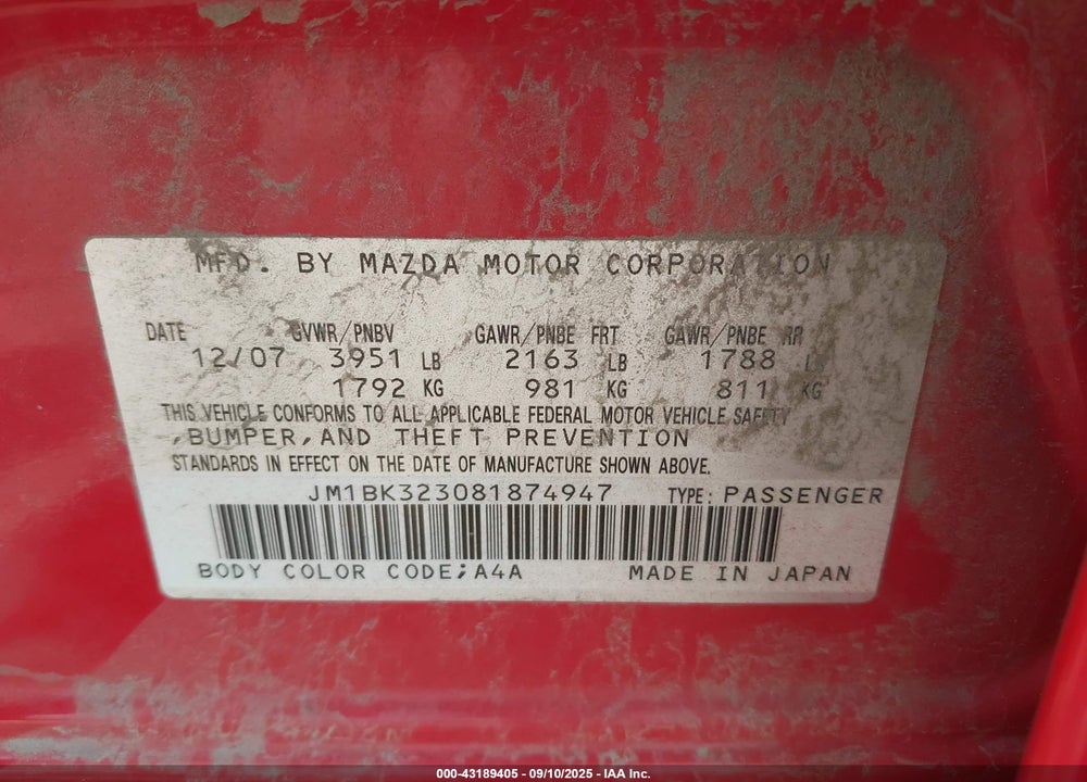 2008 MAZDA 3 S SPORT VIN: JM1BK323081874947