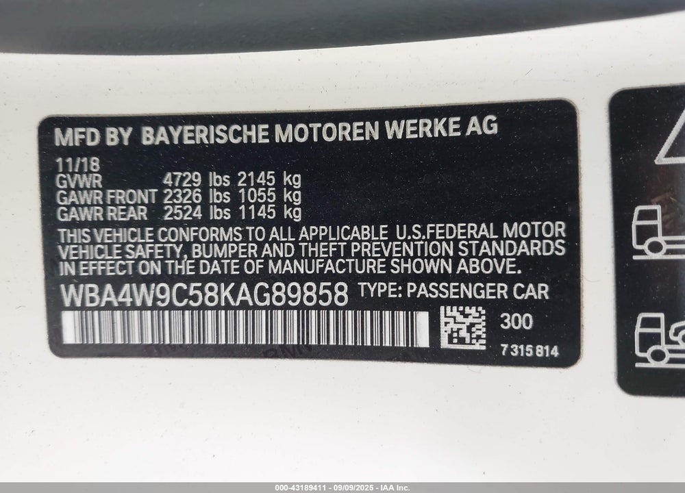 2019 BMW 4 SERIES VIN: WBA4W9C58KAG89858