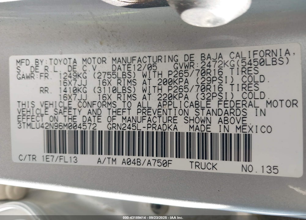 2006 TOYOTA TACOMA BASE V6 VIN: 3TMLU42N96M004572