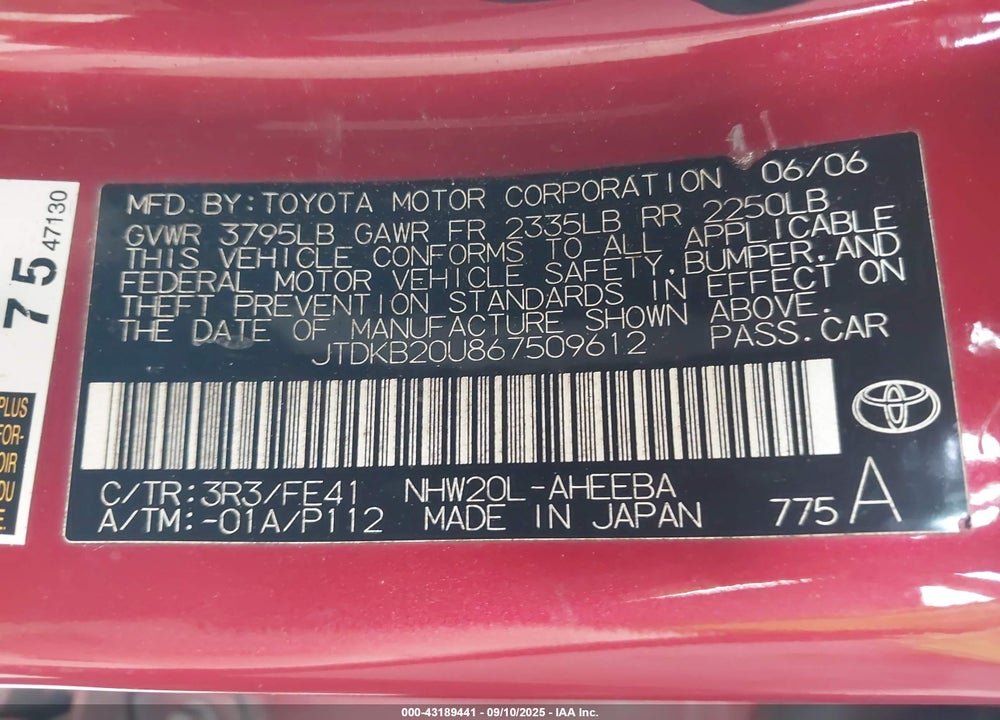 2006 TOYOTA PRIUS VIN: JTDKB20U867509612