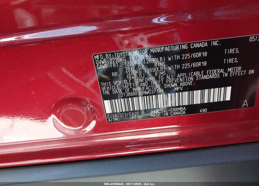 2022 TOYOTA RAV4 HYBRID XLE PREMIUM VIN: 2T3B6RFV8NW037184