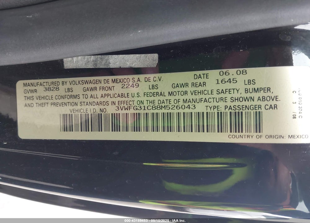 2008 VOLKSWAGEN NEW BEETLE BLACK TIE EDITION/TRIPLE WHITE VIN: 3VWFG31C88M526043