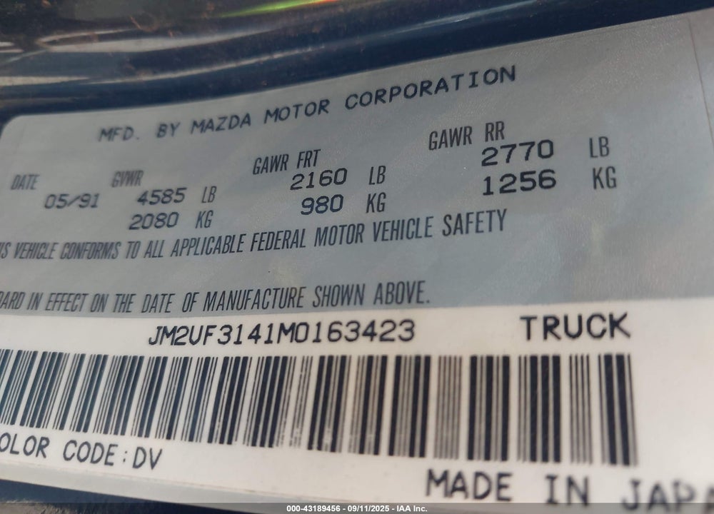 1991 MAZDA B2600 CAB PLUS VIN: JM2UF3141M0163423