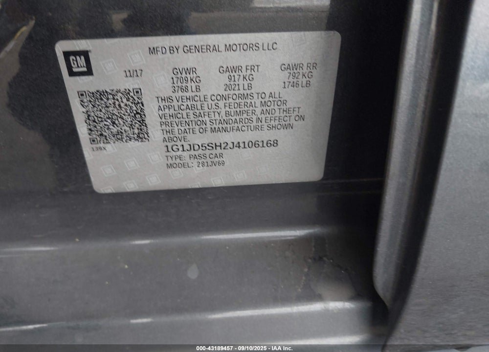 2018 CHEVROLET SONIC VIN: 1G1JD5SH2J4106168