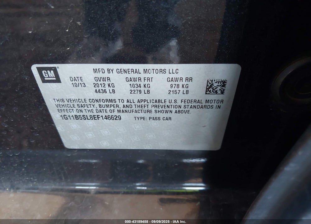 2014 CHEVROLET MALIBU VIN: 1G11B5SL8EF146629