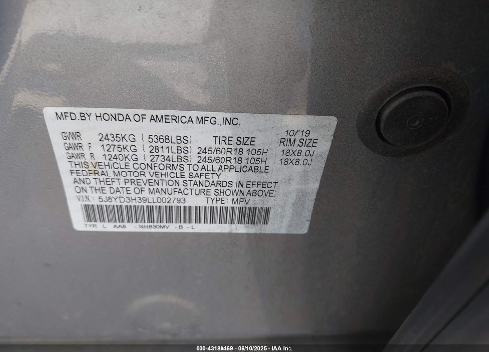2020 ACURA MDX VIN: 5J8YD3H39LL002793