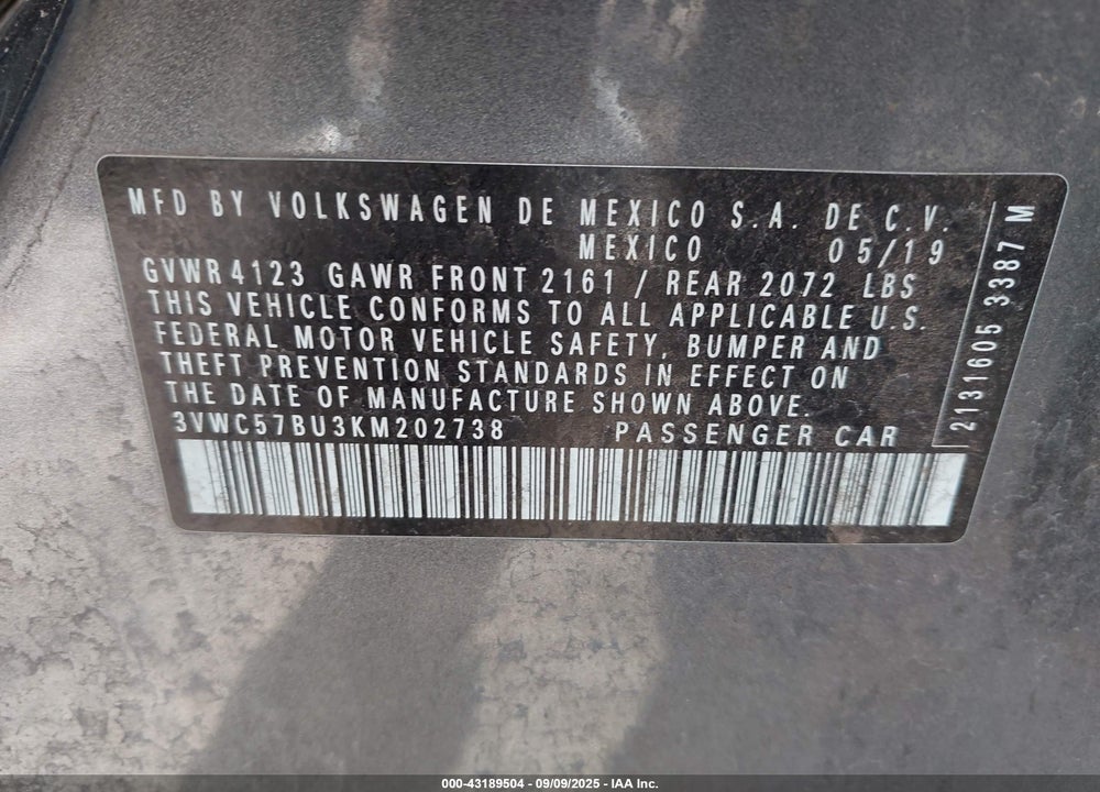 2019 VOLKSWAGEN JETTA VIN: 3VWC57BU3KM202738