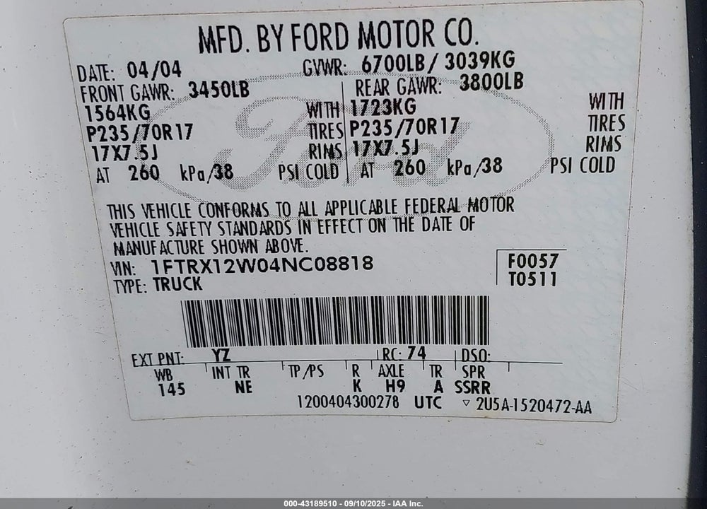 2004 FORD F-150 STX/XL/XLT VIN: 1FTRX12W04NC08818