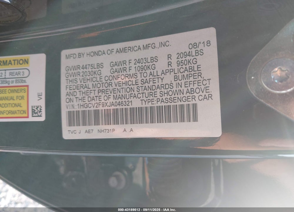 2018 HONDA ACCORD VIN: 1HGCV2F9XJA046321