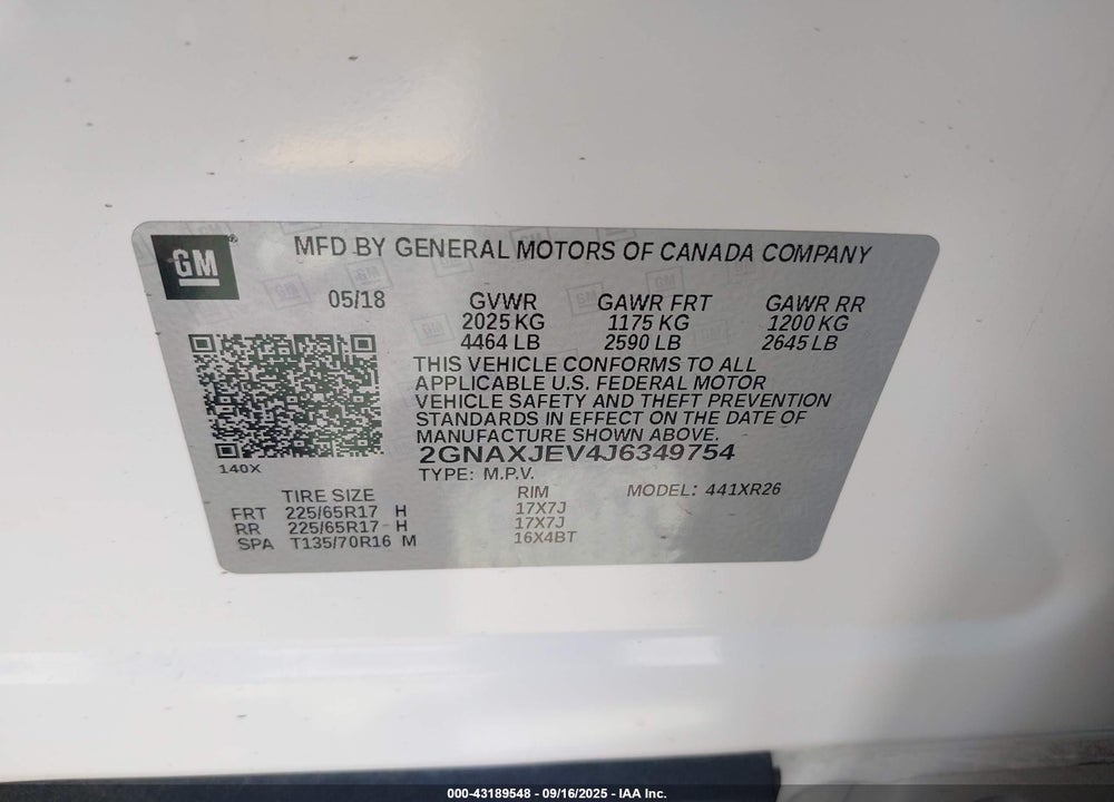 2018 CHEVROLET EQUINOX LT VIN: 2GNAXJEV4J6349754
