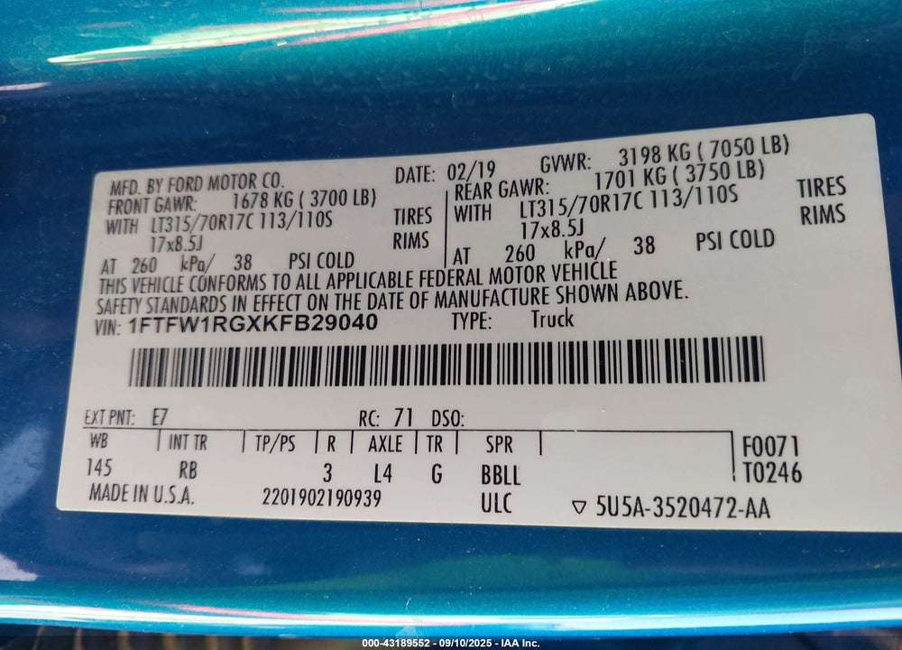 2019 FORD F-150 RAPTOR VIN: 1FTFW1RGXKFB29040