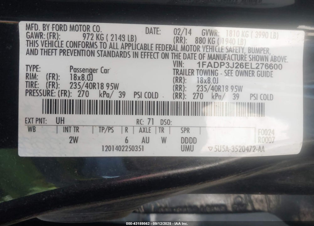 2014 FORD FOCUS VIN: 1FADP3J26EL276600