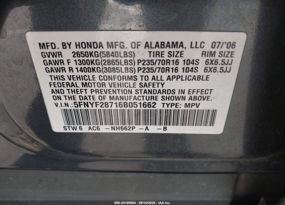 2006 HONDA PILOT EX-L VIN: 5FNYF28716B051662