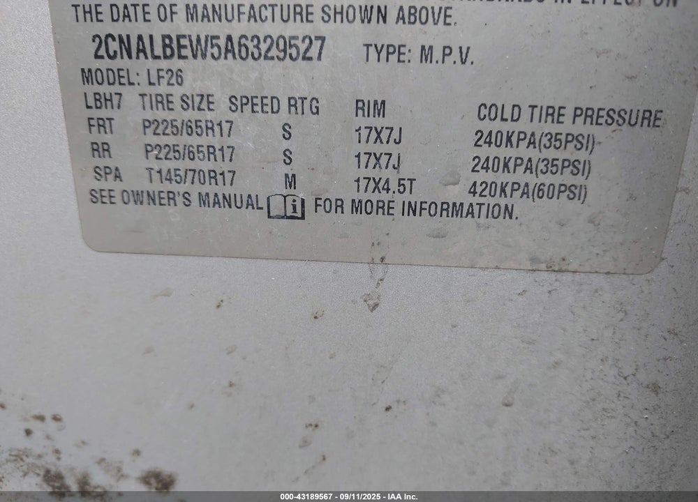 2010 CHEVROLET EQUINOX VIN: 2CNALBEW5A6329527