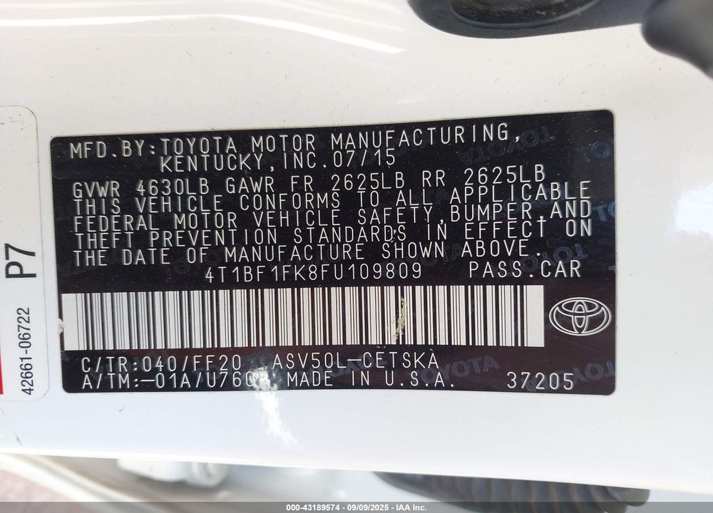 2015 TOYOTA CAMRY VIN: 4T1BF1FK8FU109809