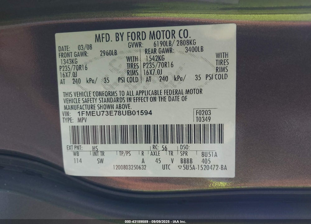 2008 FORD EXPLORER VIN: 1FMEU73E78UB01594