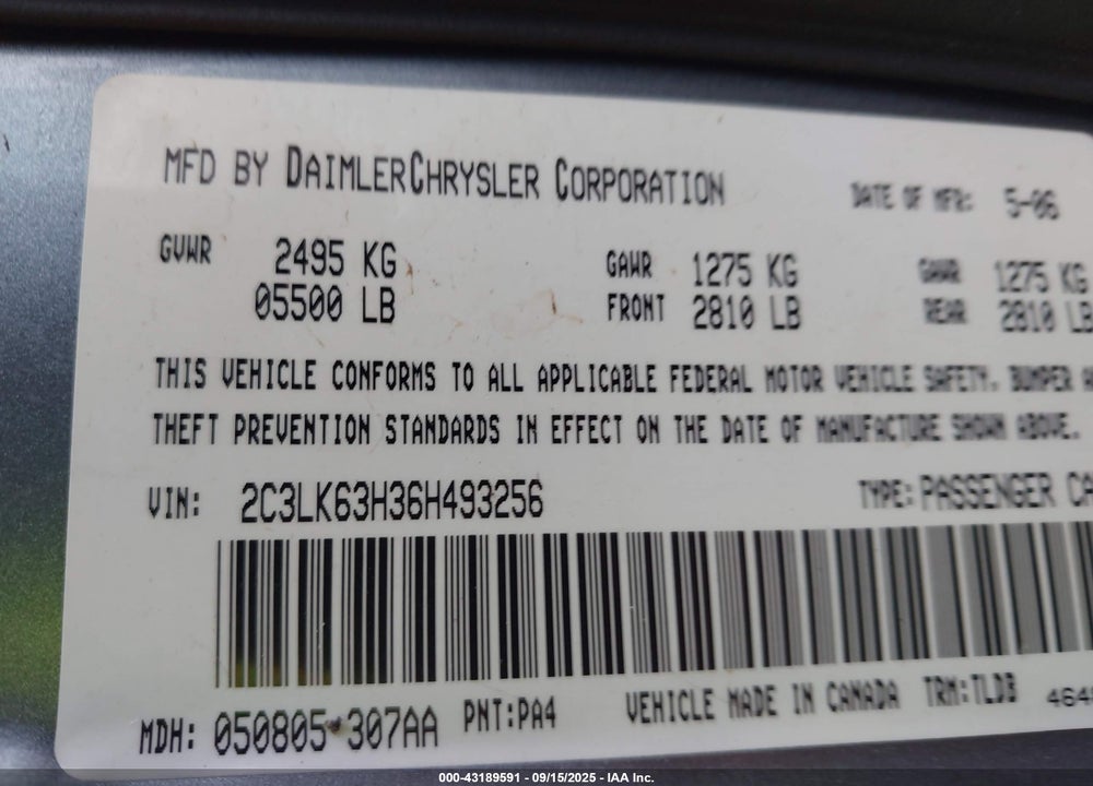 2006 CHRYSLER 300 VIN: 2C3LK63H36H493256