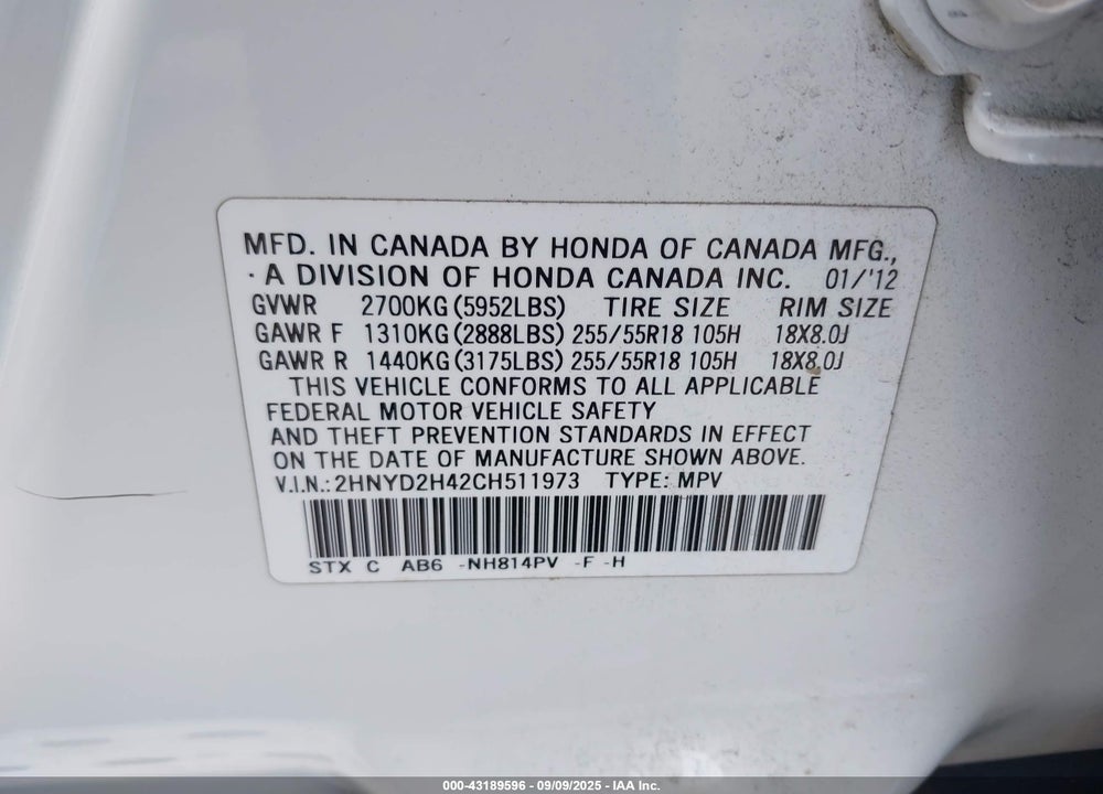 2012 ACURA MDX VIN: 2HNYD2H42CH511973