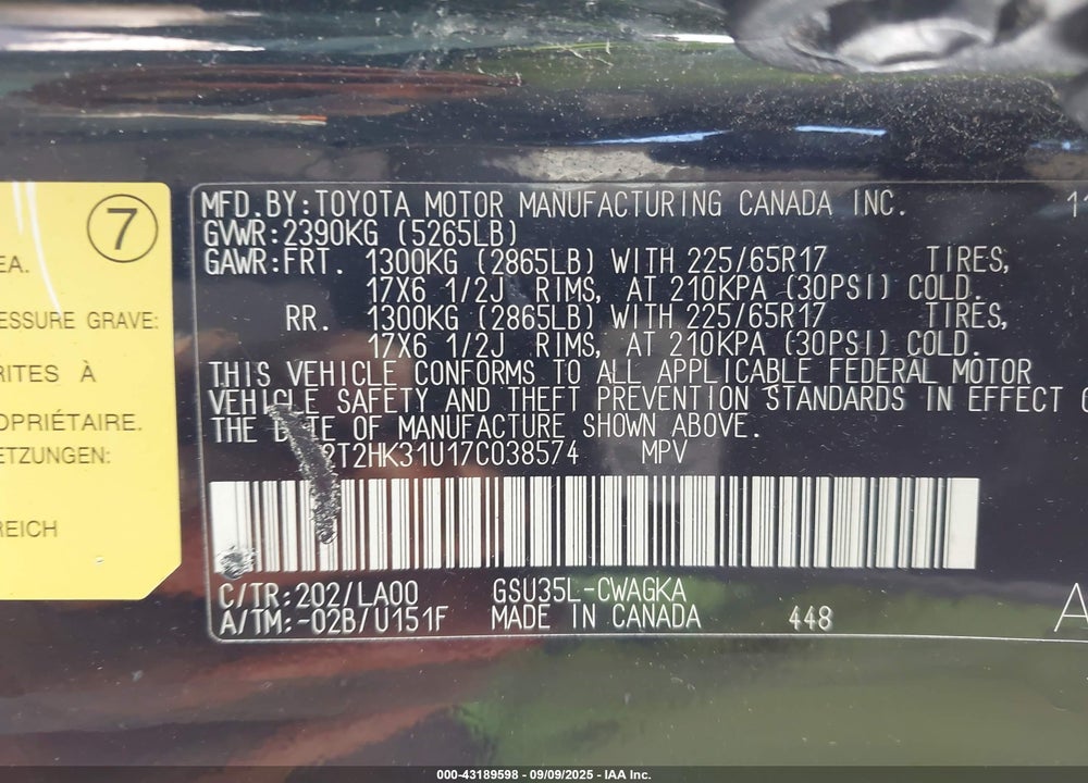 2007 LEXUS RX 350 VIN: 2T2HK31U17C038574
