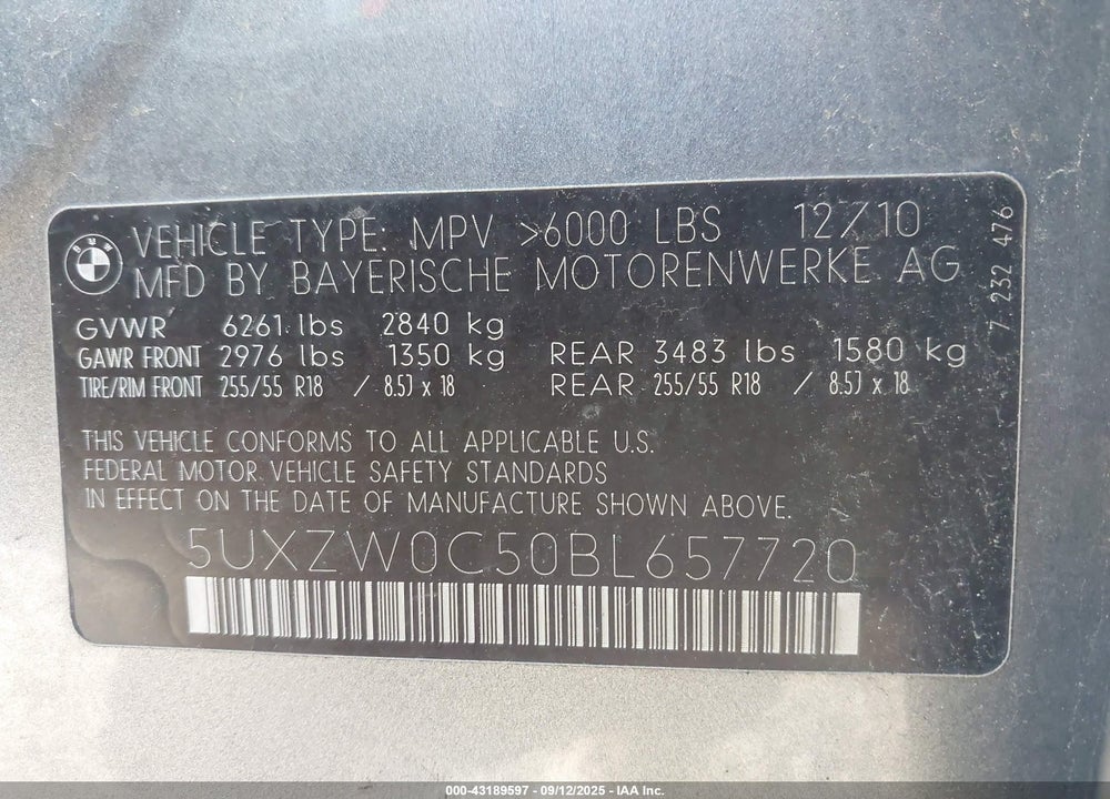 2011 BMW X5 VIN: 5UXZW0C50BL657720