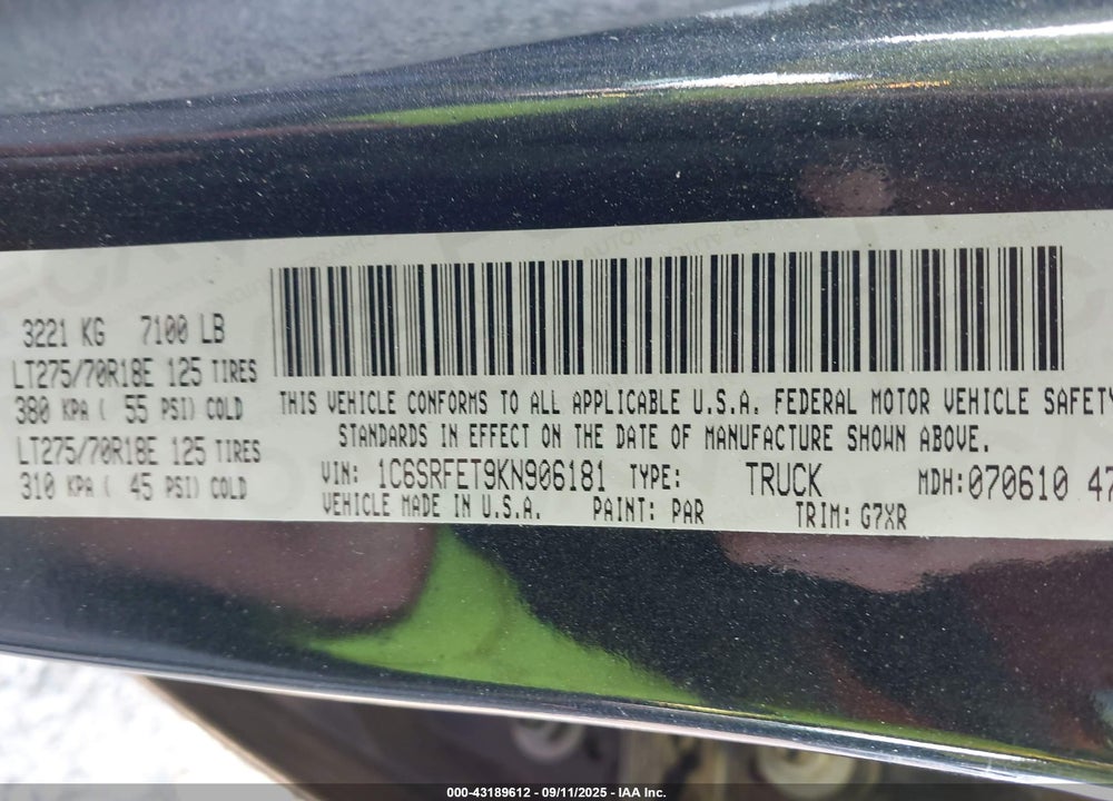 2019 RAM 1500 VIN: 1C6SRFET9KN906181