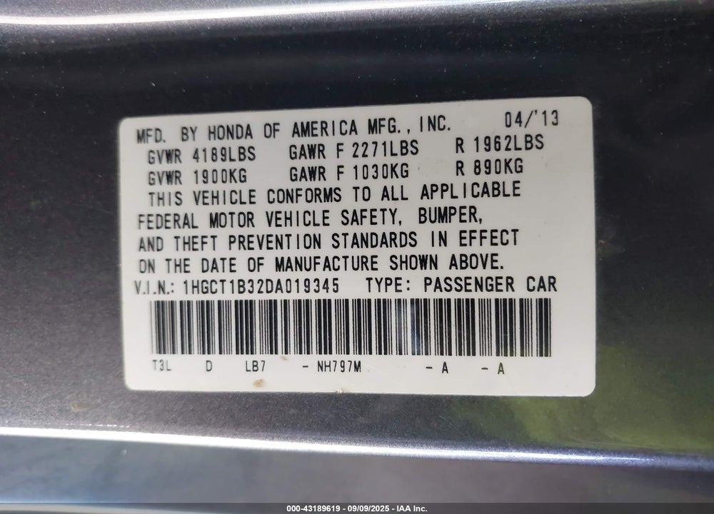 2013 HONDA ACCORD VIN: 1HGCT1B32DA019345