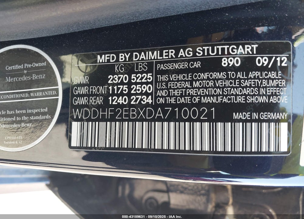 2013 MERCEDES-BENZ E-CLASS VIN: WDDHF2EBXDA710021