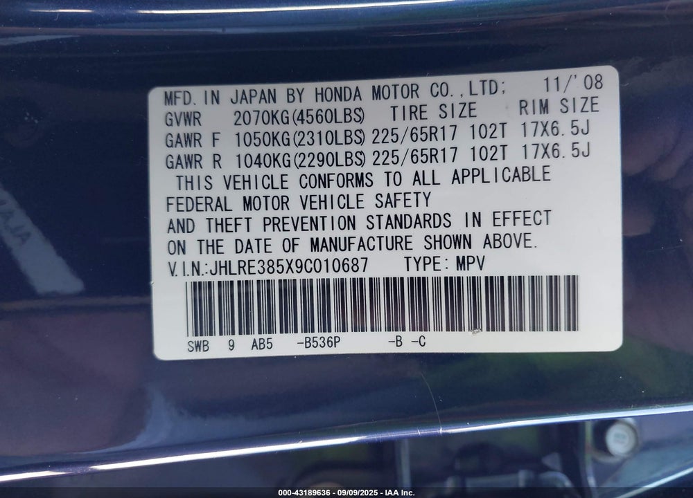 2009 HONDA CR-V VIN: JHLRE385X9C010687