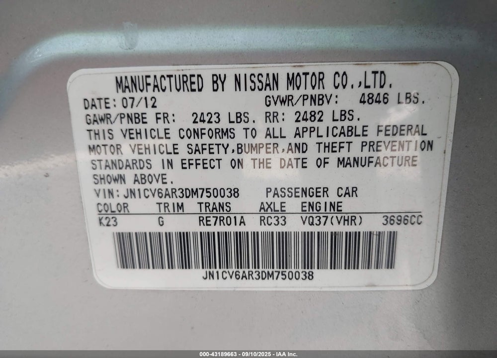 2013 INFINITI G37X VIN: JN1CV6AR3DM750038