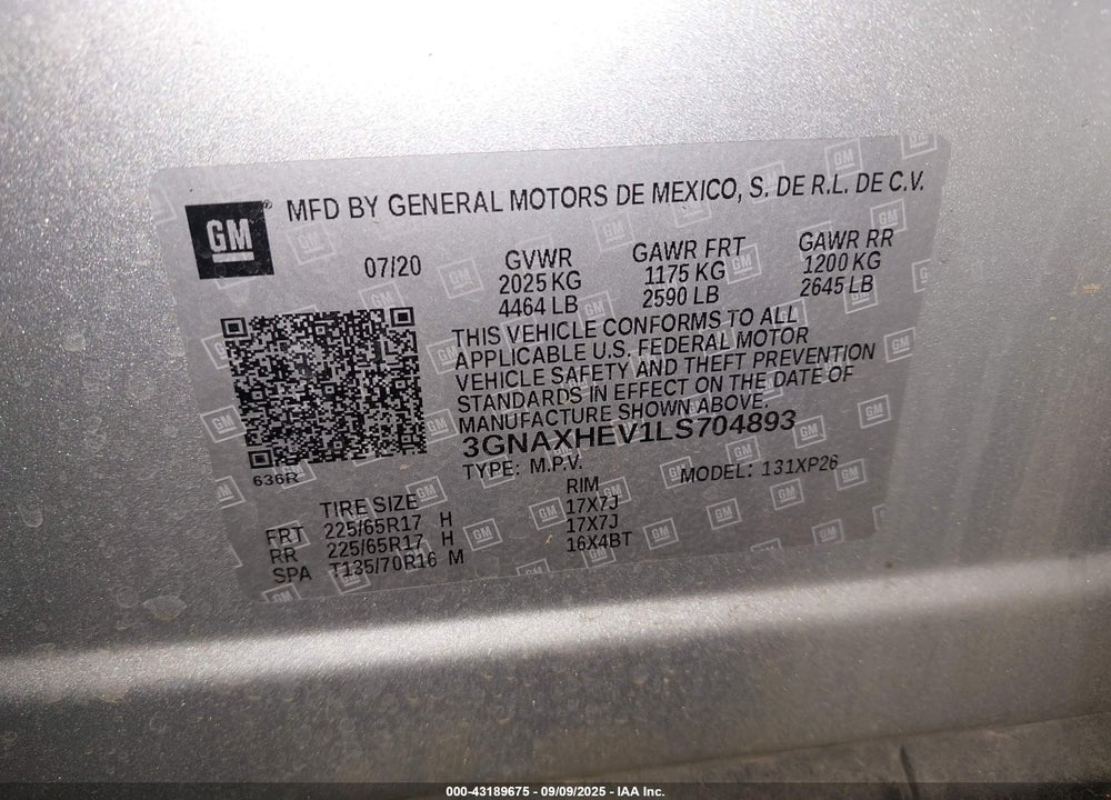 2020 CHEVROLET EQUINOX VIN: 3GNAXHEV1LS704893