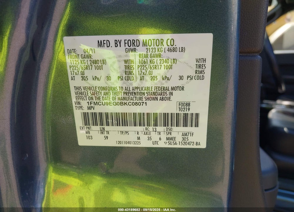 2011 FORD ESCAPE VIN: 1FMCU9EG0BKC08071
