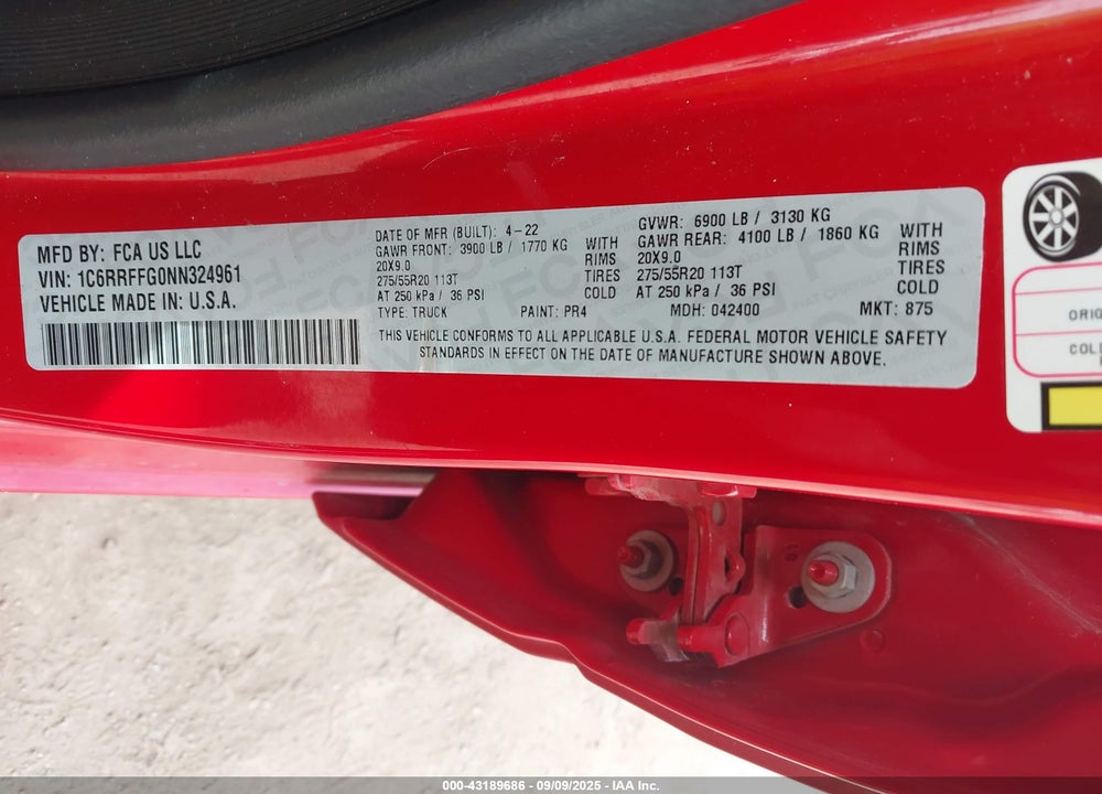 2022 RAM 1500 VIN: 1C6RRFFG0NN324961
