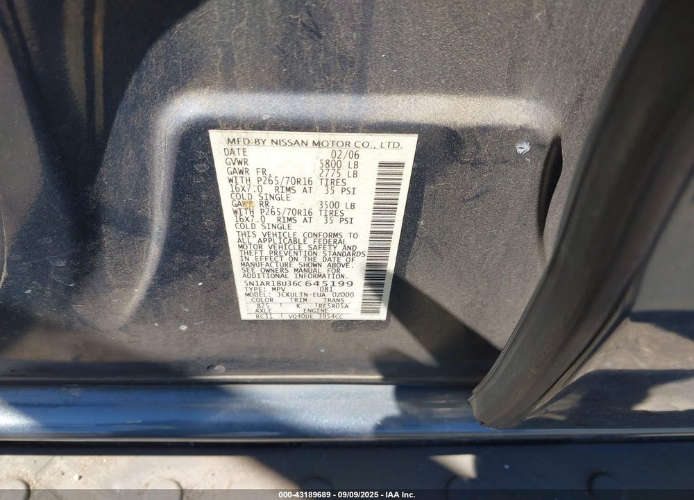 2006 NISSAN PATHFINDER SE VIN: 5N1AR18U36C645199